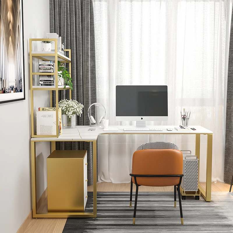 Esquina de mesa de ordenador de esquina de mármol de lujo, luz nórdica, forma de L