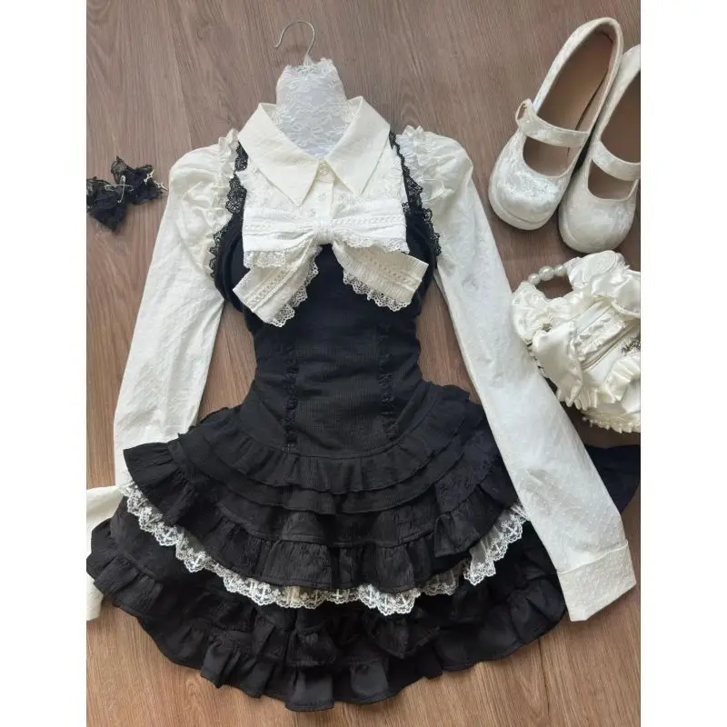 Winter Lolita Y2k New Two Piece Set Women Bow Vintage Strap Dress+solid Blouse Female Casual Japanese Party Mini Dress Suit 2024