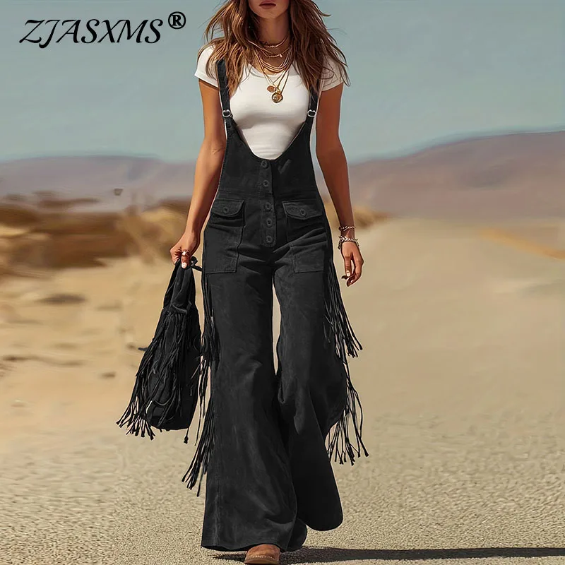 

Spring Sexy U Neck Button Strappy Bodysuit Jumpsuit Woman Retro Solid Suede Straight Romper Summer Wide Leg Tassel Pant Overalls