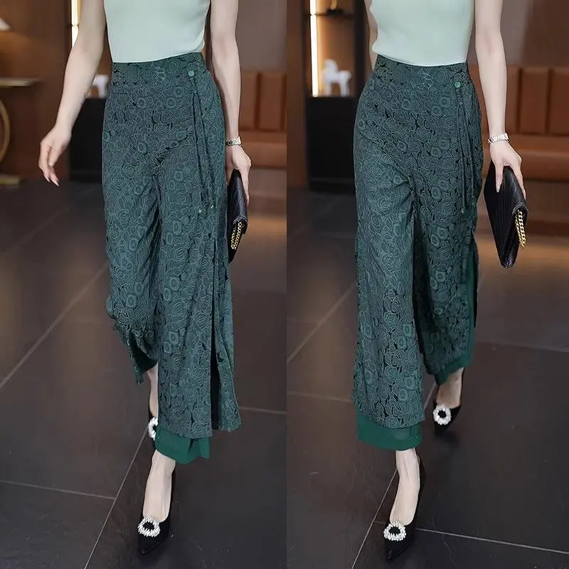 

New Chinese Style Jacquard Wide Leg Satin Pants for Women Elegant Jacquard Lady Women's Casual Loose Pants Female C287