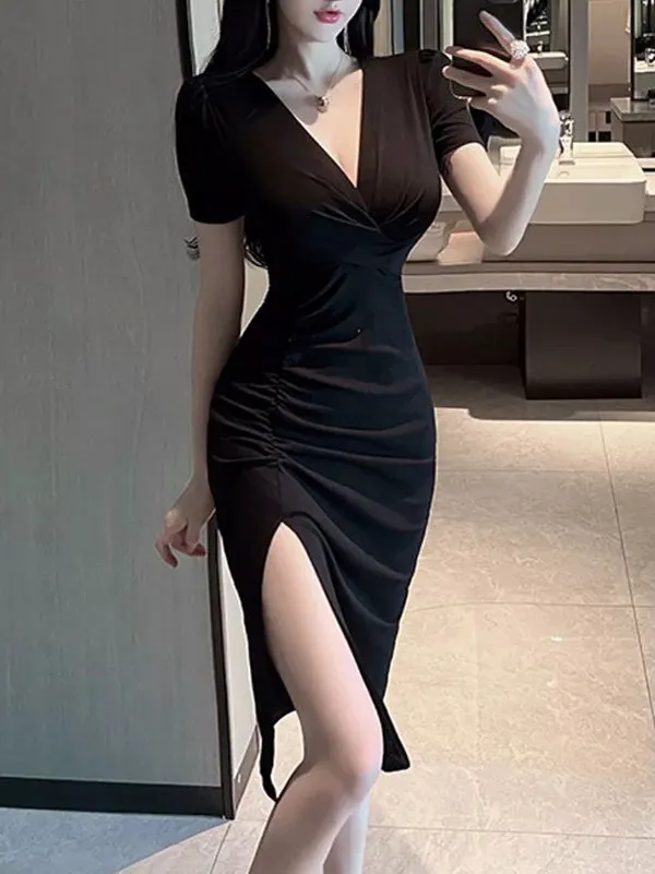 

plus Size Women's Sexy Bodycon Dress Side Slit Midi Workwear Short Sleeve V-Neck Breathable Polyester Summer Dress