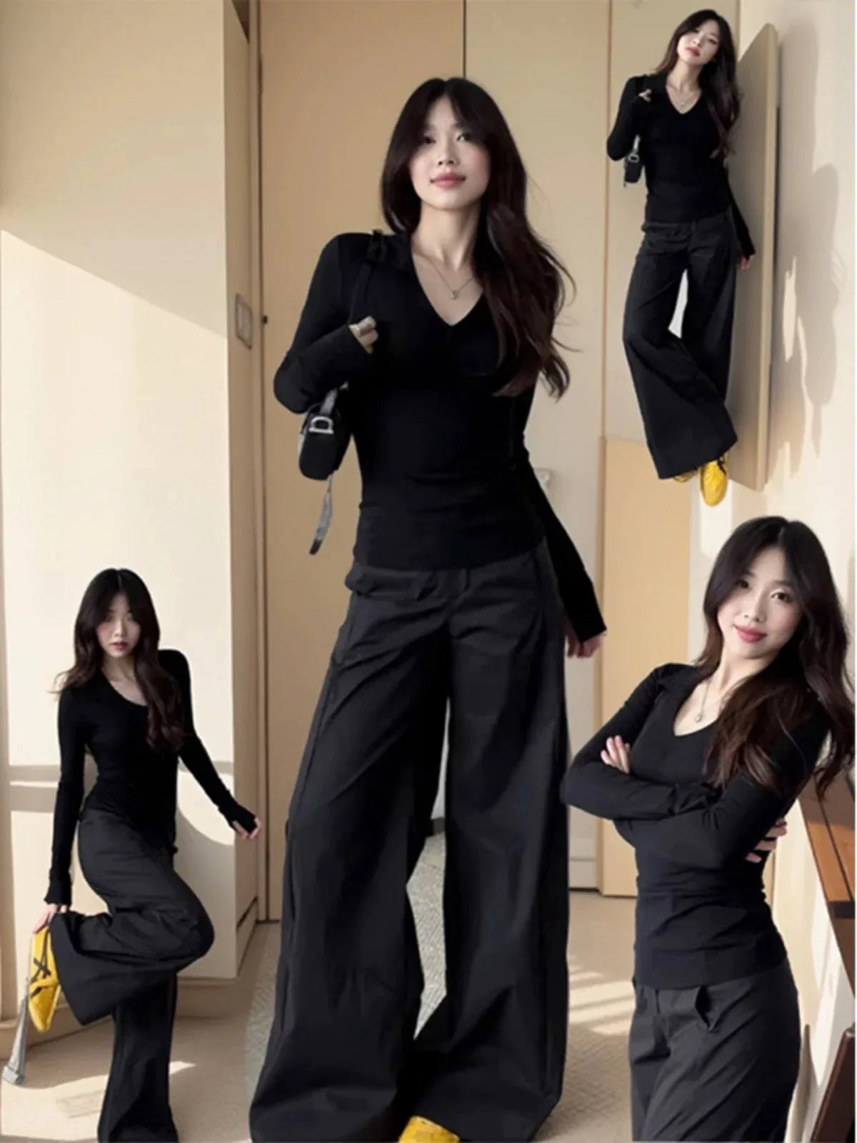 Women's Long Sleeve V-Neck T-Shirt 95 Cotton Base Shirt plus Size Slim Fit Versatile Inner Wear Shoulder Appropriate Top