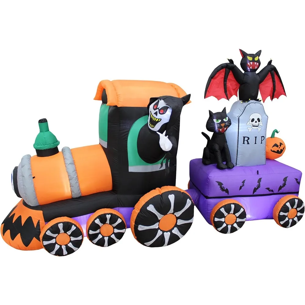 8 Foot Long Lighted Halloween Inflatable Grim Reaper Ride Train with Tombstone Cat Bat Pumpkin Indoor Outdoor Yard Decoration