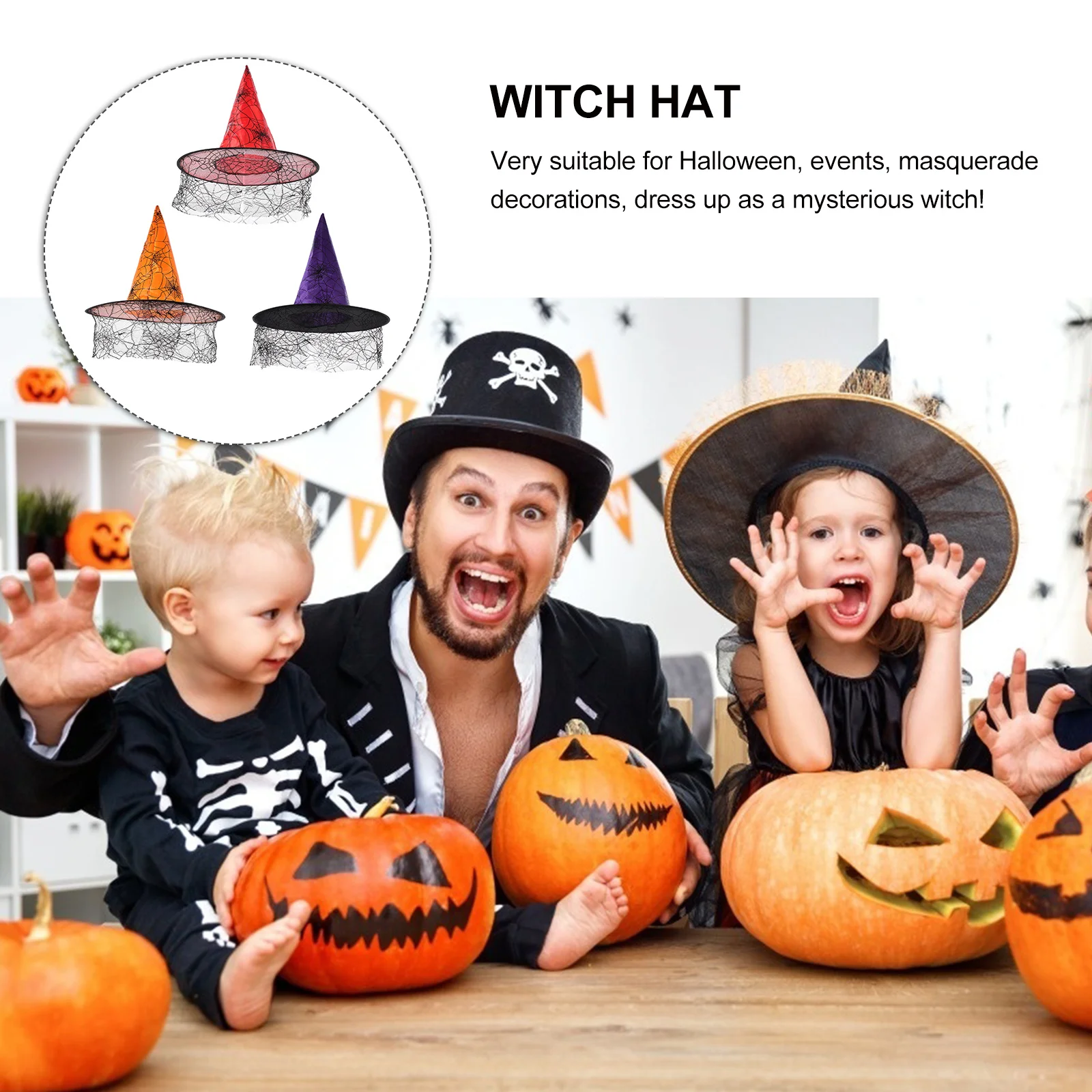

3Pcs Witch Hats Halloween Style Spider Web Gauze Lightweight Party Cosplay Hat Halloween Costume Props Witch Hat