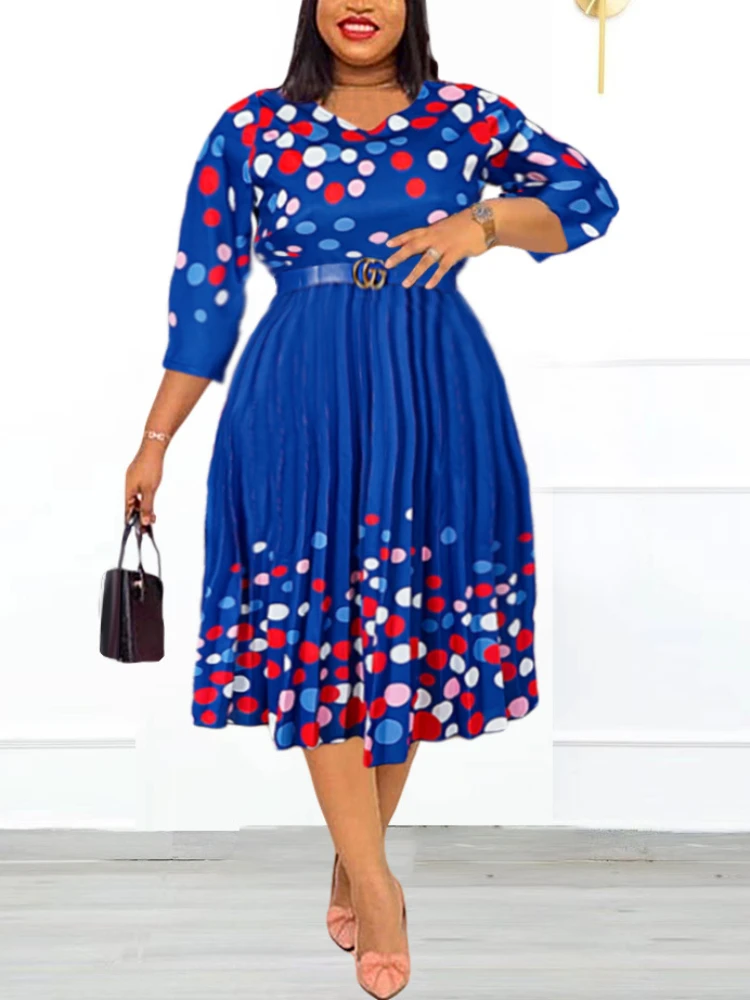 Elegant Printed Polka Dot Women Office Dress O Neck Midi With Waist Belt Pleated A-line Clothing Formal Event Work Wear Robe New