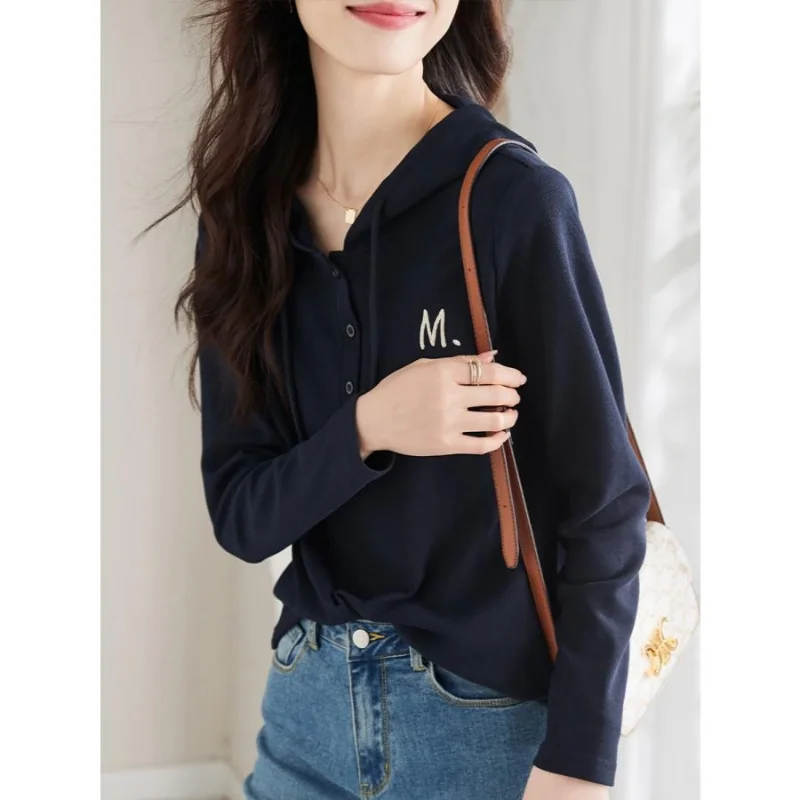 

Design Long Sleeve Hooded Tops Women Letter Embroidery Slim Fit Shirt