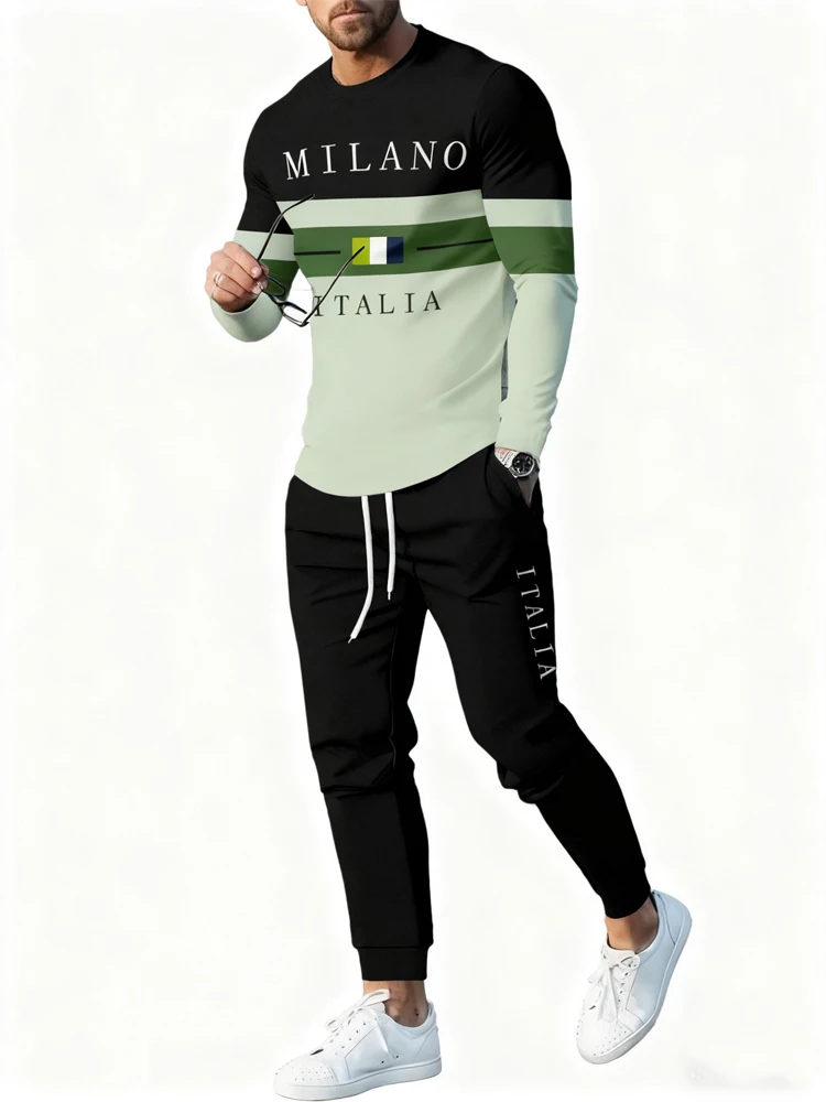 

Новые мужские весенне-осенние комплекты из 2 предметов с 3D буквенным принтом, мужская повседневная повседневная футболка с длинным рукавом и уличная мода, длинные брюки