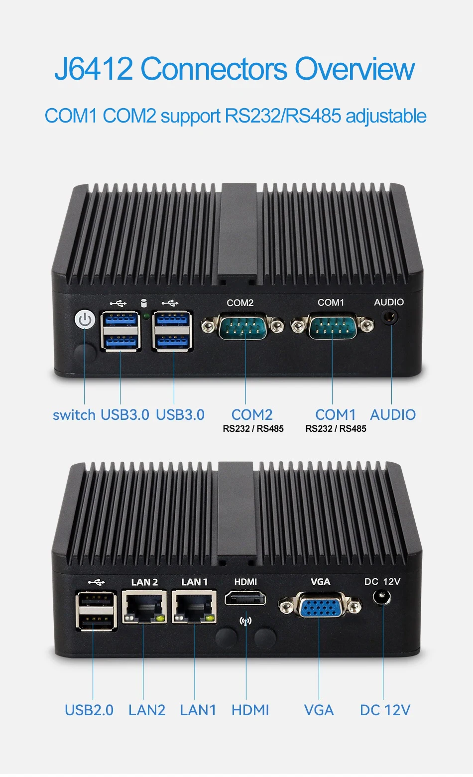 Безвентиляторный мини-ПК IPC 2x COM RS232/485 2x Ethernet Intel Celeron N2840 J1900 J2900 J6412 Win10/7 Linux WiFi 4G LTE SIM-слот