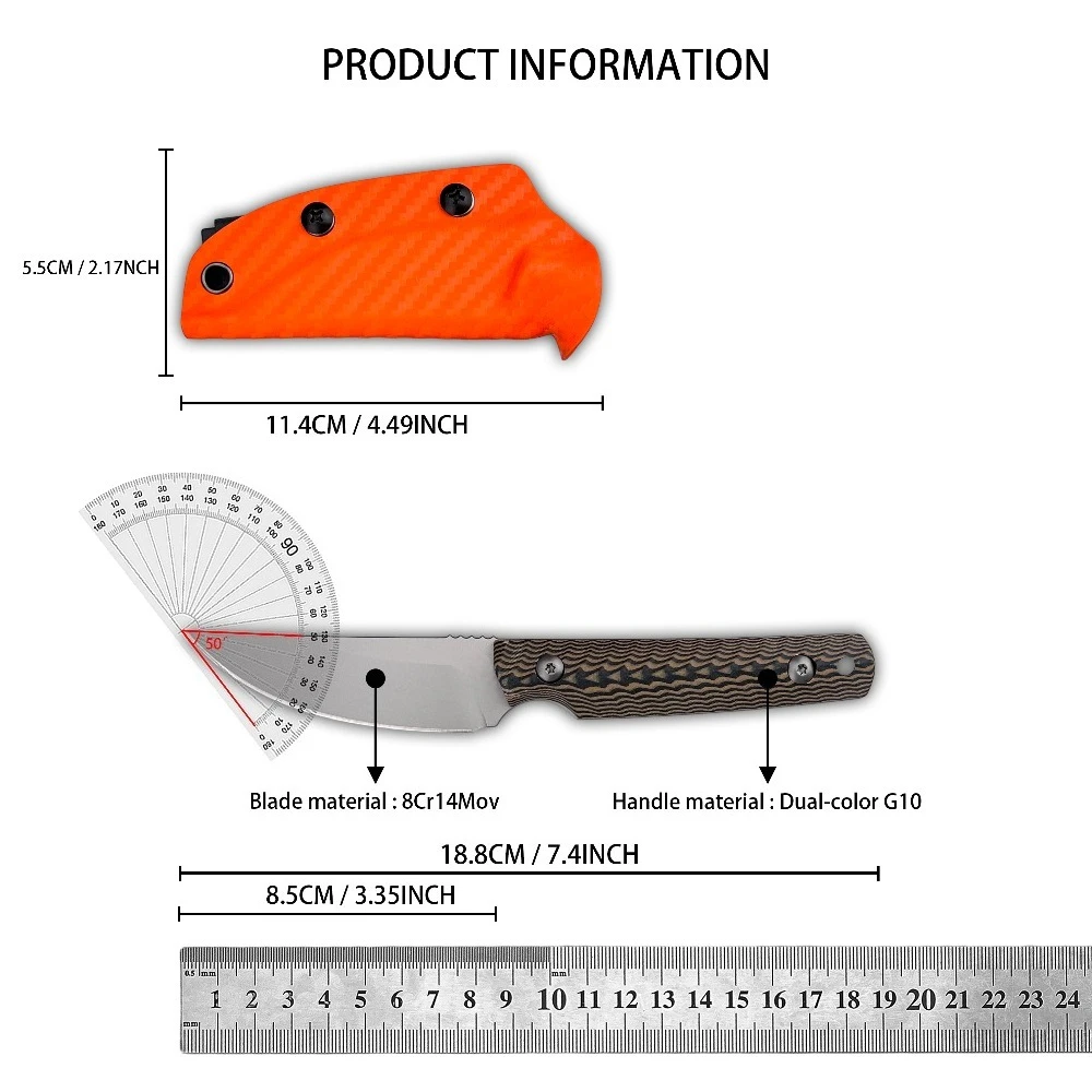 Full Keel 8cr14mov Steel Outdoor Straight Knife Two-color Corrugated G10 Non-slip Handle Matching Orange High-brightness Kydex