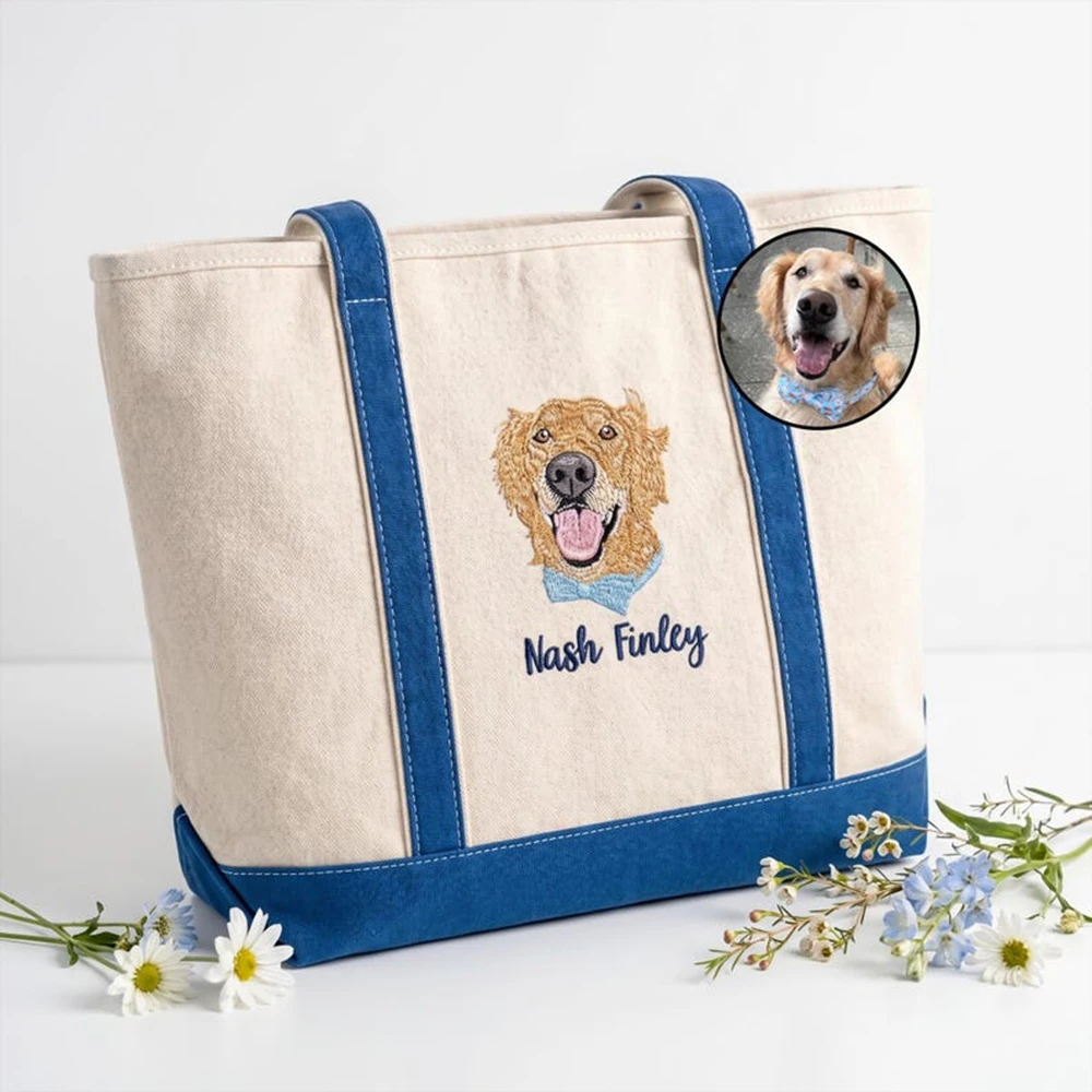 Custom Pet Portrait Canvas Tote Bag Two Tone Color Block Large Capacity Inner Zipper Front Pocket Dog Cat Mom Personalized Gift