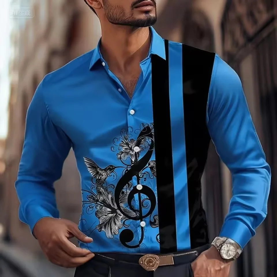 قميص موسيقي مخطط جديد للرجال، قميص بأزرار وأكمام طويلة، أزياء ليلية غير رسمية، قميص طية صدر السترة للخريف، قميص رجالي بمقاس كبير #5
