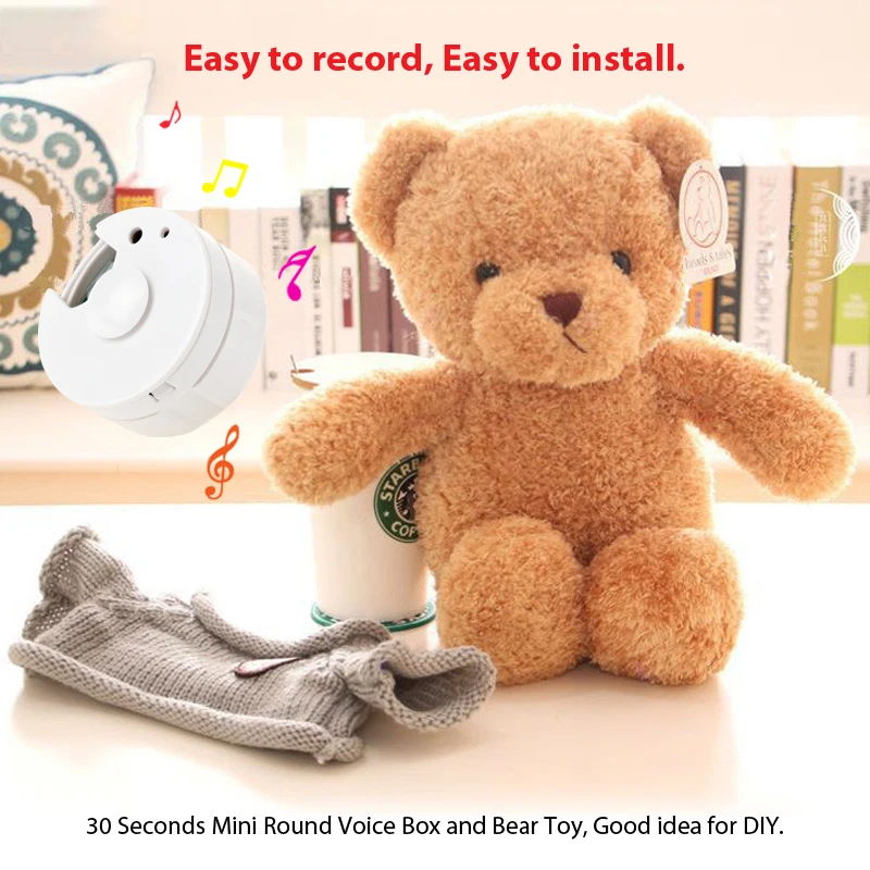 Voice Box Set for Stuffed Animals, 30 Seconds Round Voice Recorder and 40 cm Plush Bear with Zipper for DIY Sound Gifts.