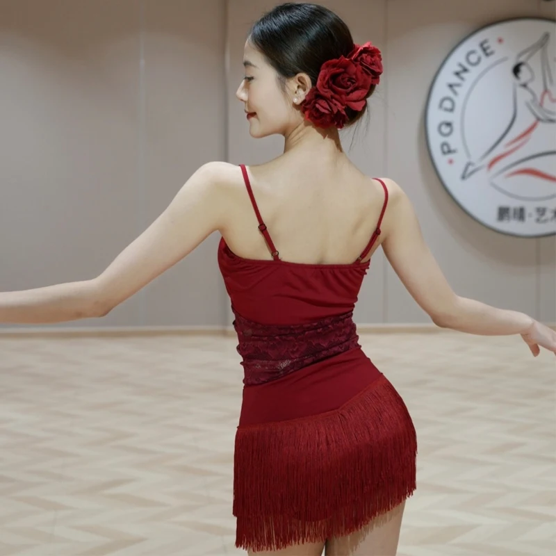ฤดูร้อนเซ็กซี่เต้นรําละตินเสื้อผ้าลูกไม้ละติน Top Tassels กระโปรงสตรี Chacha Samba Latin Dance ชุดฝึกสวมใส่ SL12911