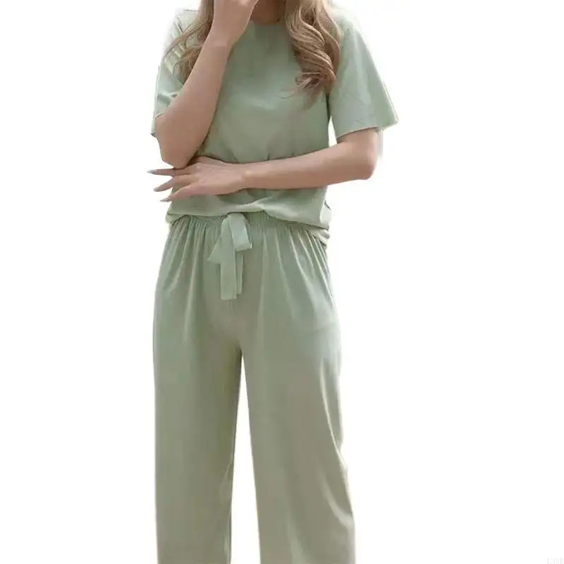 L38E Short Sleeve Crewneck Pullover Tops And Long Pants Sweatsuits Tracksuits