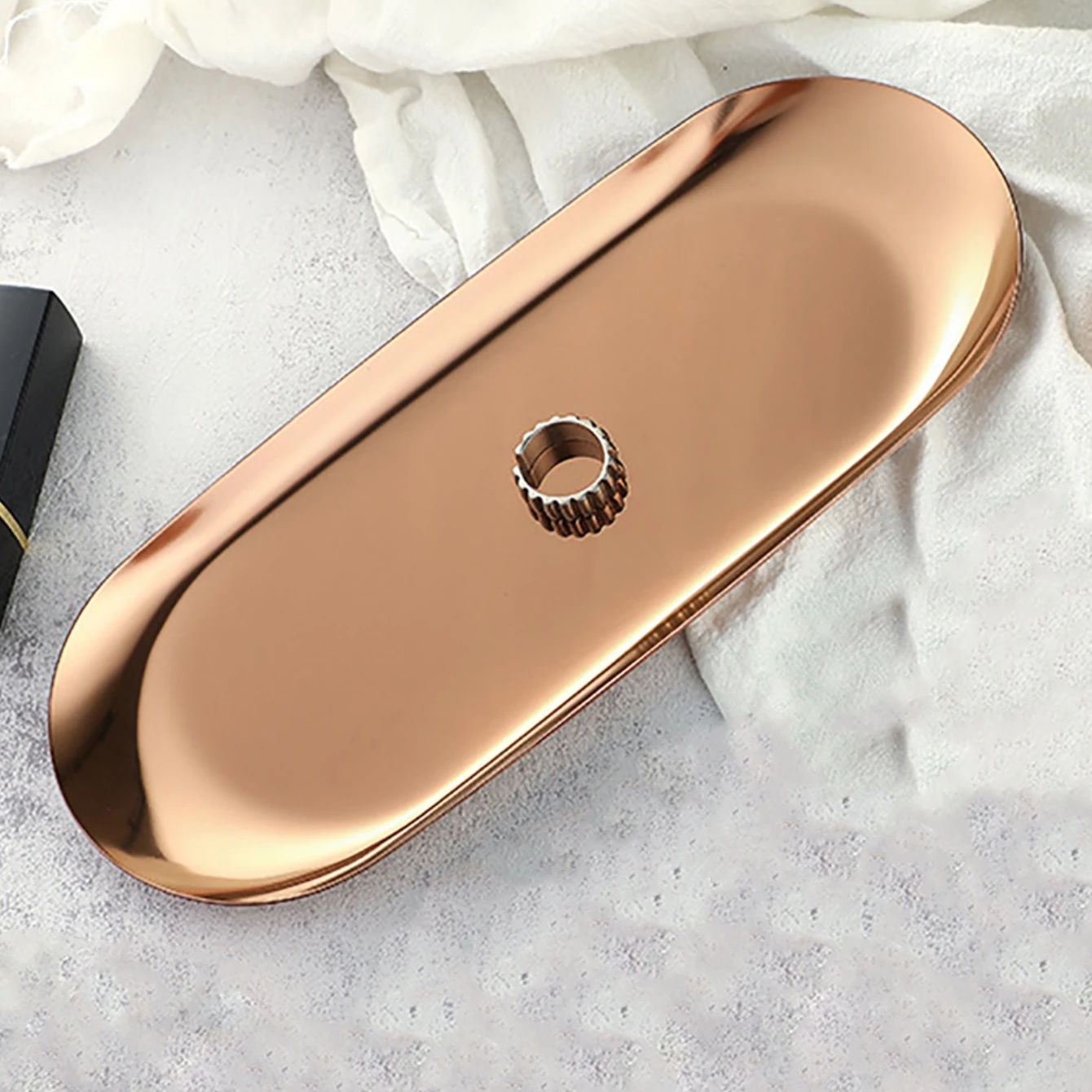 Bright rose gold oval stainless steel jewelry tray desktop ring storage organizer cosmetics jewelry metal storage tray