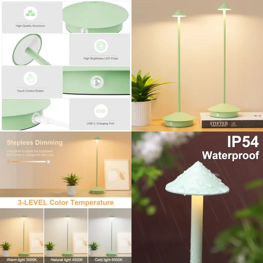 2-Pack 6000mAh Rechargeable Led Table Lamp Cordless, 3000K-6000K Stepless Dimming Touch Lamps with Memory Function, IP54 Waterp