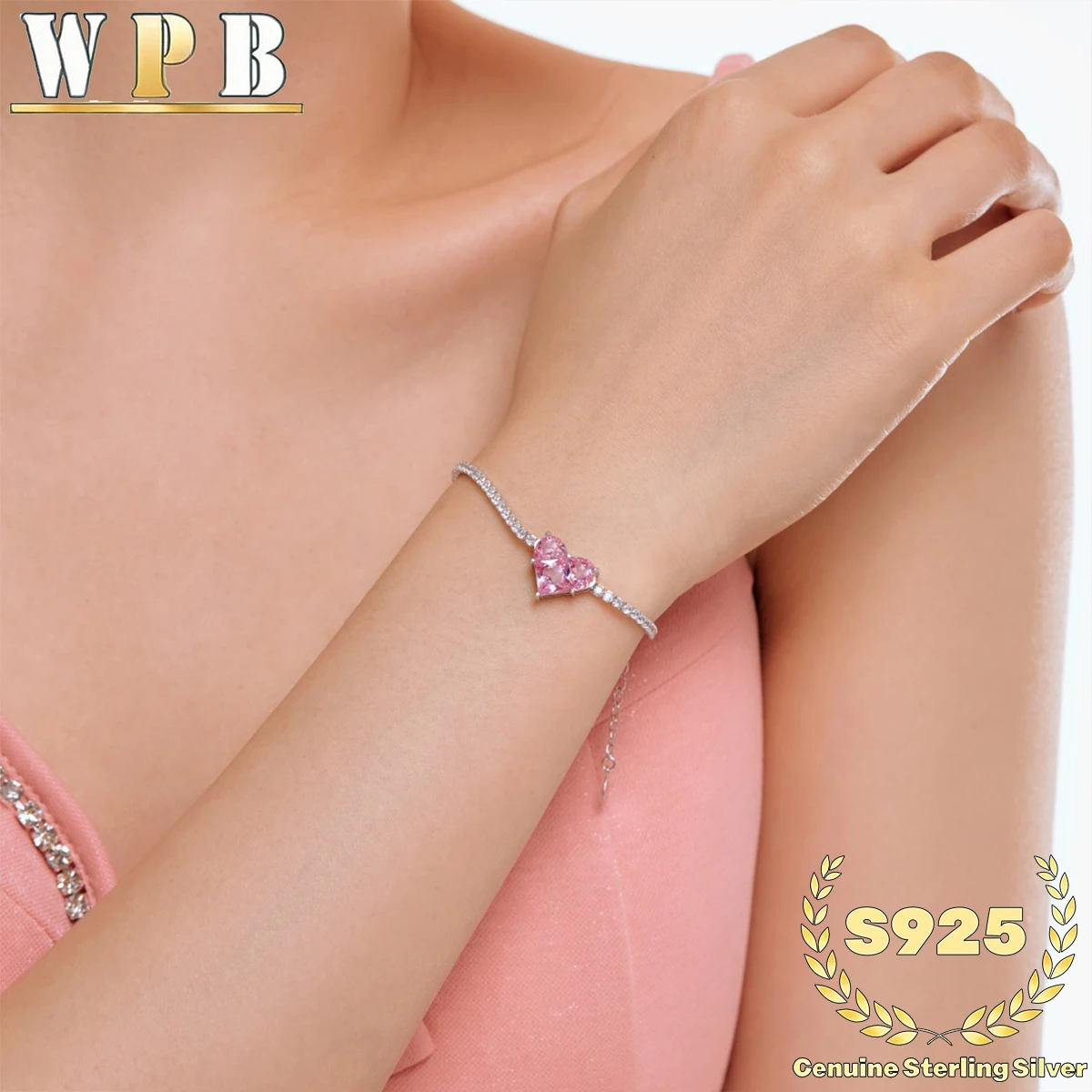 ‌Tennis Bracelet S925 Sterling Silver Pink Heart Zircon Pavé Setting Valentine Gift for Women Romantic Jewelry Anniversary