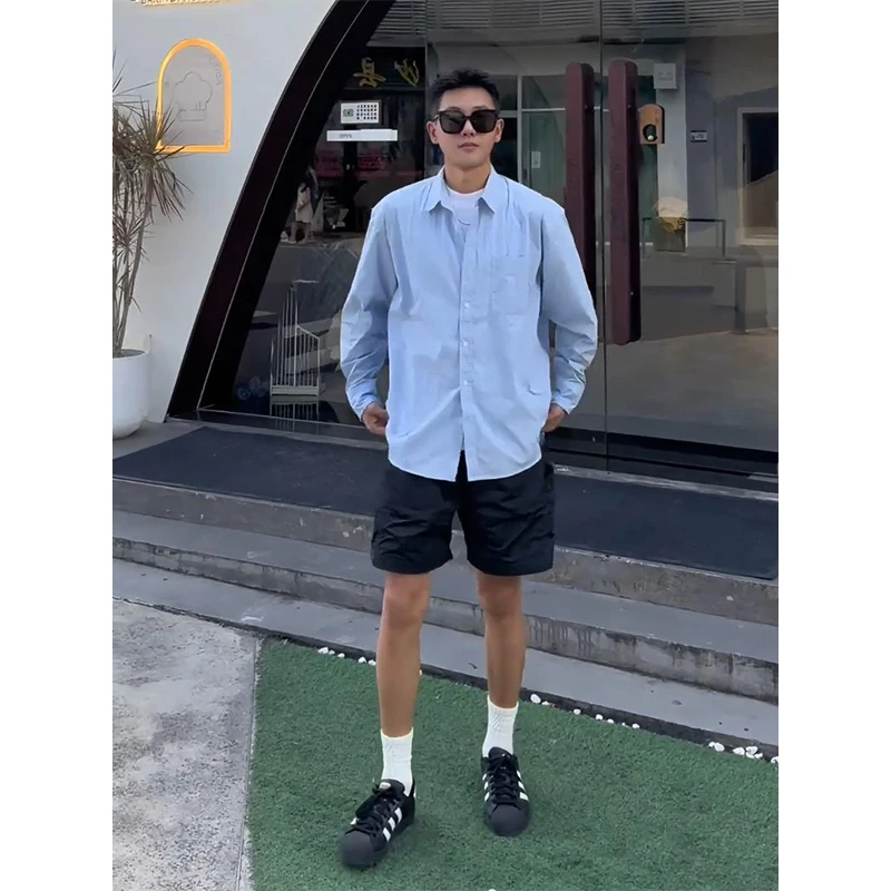  Blue Long Sleeve Men's Shirt Summer Handsome High-End Sun Protection Top Cleanfit Korean Style Shirt Jacket Loose Fit