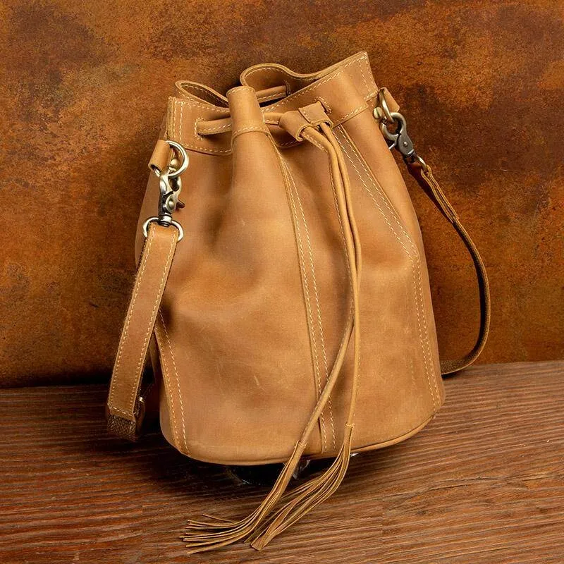 Vintage Crazy Horse Leather Fringe Bucket Bag for Women, Handmade Genuine Leather Large Capacity Shoulder Bag with Drawstring