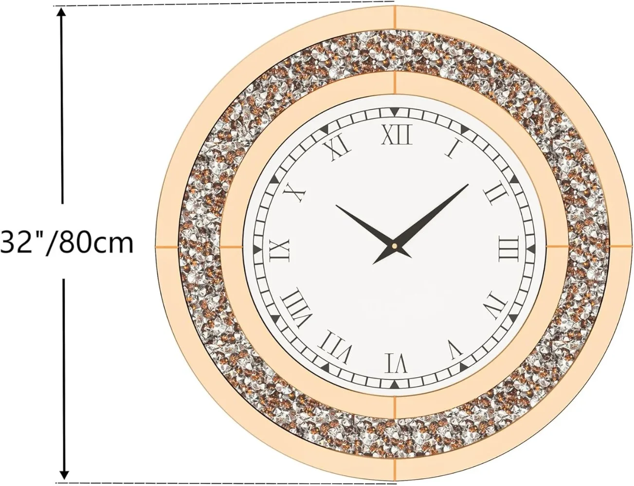 Crushed Diamond Wall Clock: 32 inch Round Decorative Mirrored Clock with Brown Glass Beveled Mirror Edge Frame