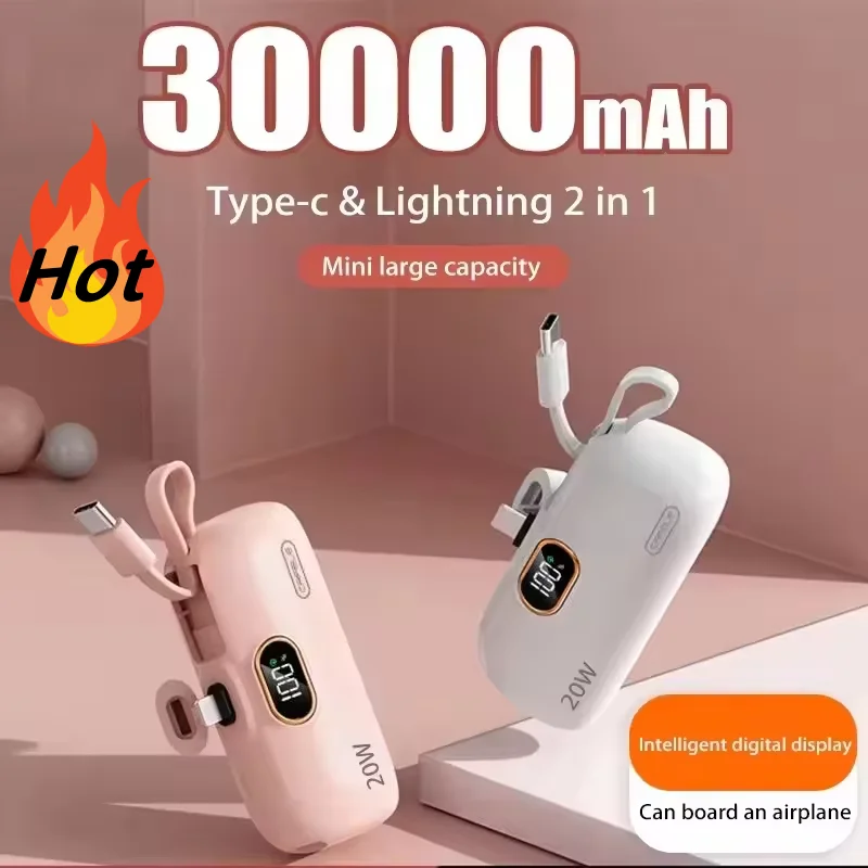 Mini Power Bank 30000mAh Built Cable Portable Mobile Charger Fast Charging Spare Battery Capsule Power bank For iPhone Type-C