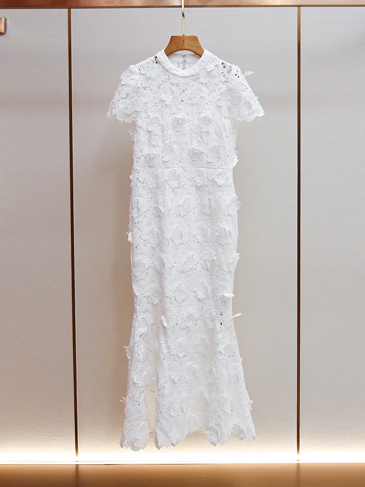 Women White Long Dress Lace Hollow Out O-Neck Short Sleeve Slim Elegant Autumn 2024 Robe