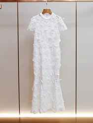 Women White Long Dress Lace Hollow Out O-Neck Short Sleeve Slim Elegant Autumn 2024 Robe