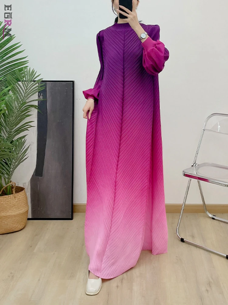 

EGRM Hot Sales Pleated Maxi Long Dress Fashion Gradient Puff Sleeve Half High Collar Formal Dresses for Women 2024 New 6RM1309