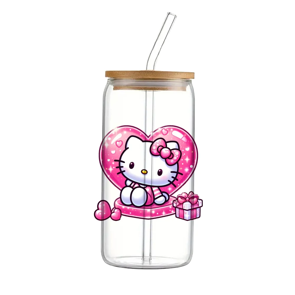 Pink cute Sanrio Hello Kitty For Libbey 16oz Can Glass 3D Waterproof UV DTF Coffee Can Wrap Libbey Glass Wrap 11x11cm