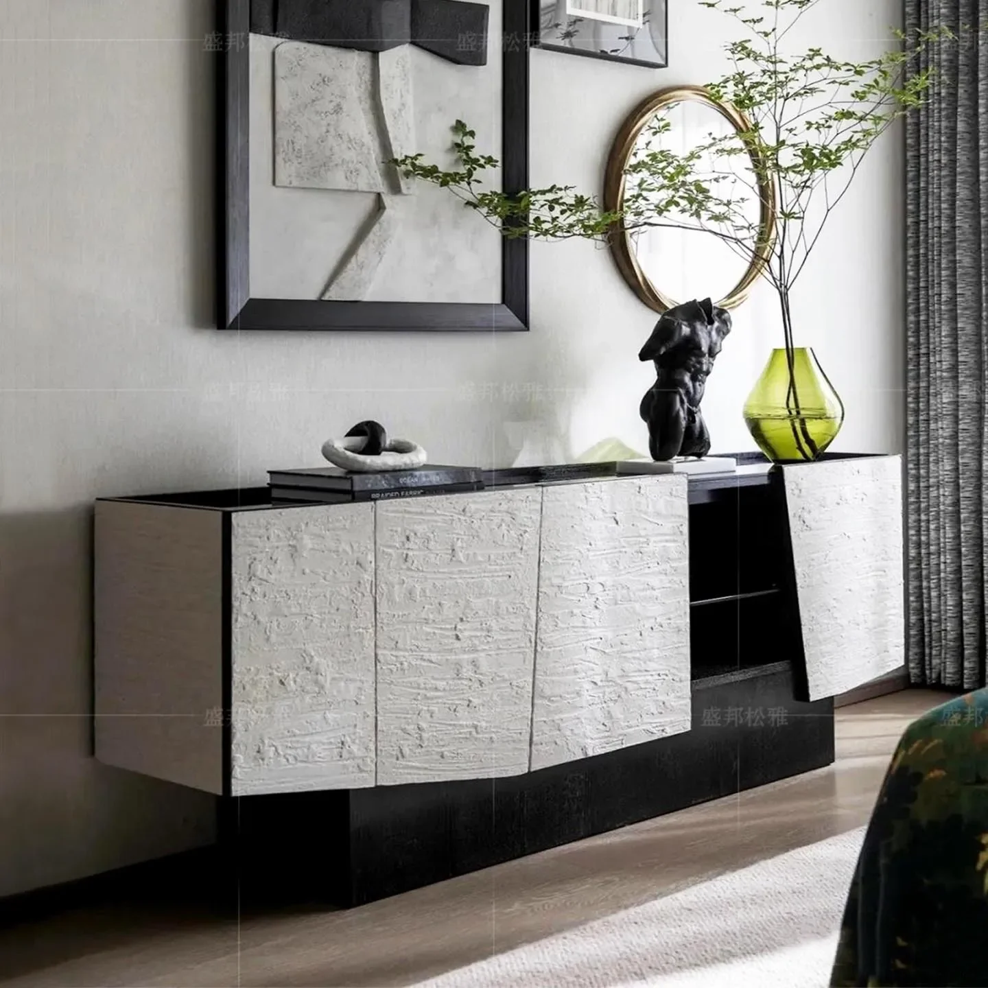 Italian solid wood TV cabinet floor-to-ceiling light luxury high-end modern irregular glass locker