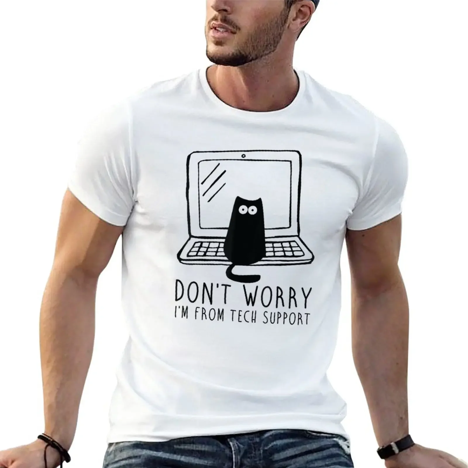 New Don't Worry I'm From Tech Support Cat T-Shirt graphic t shirt Aesthetic clothing mens t shirts pack