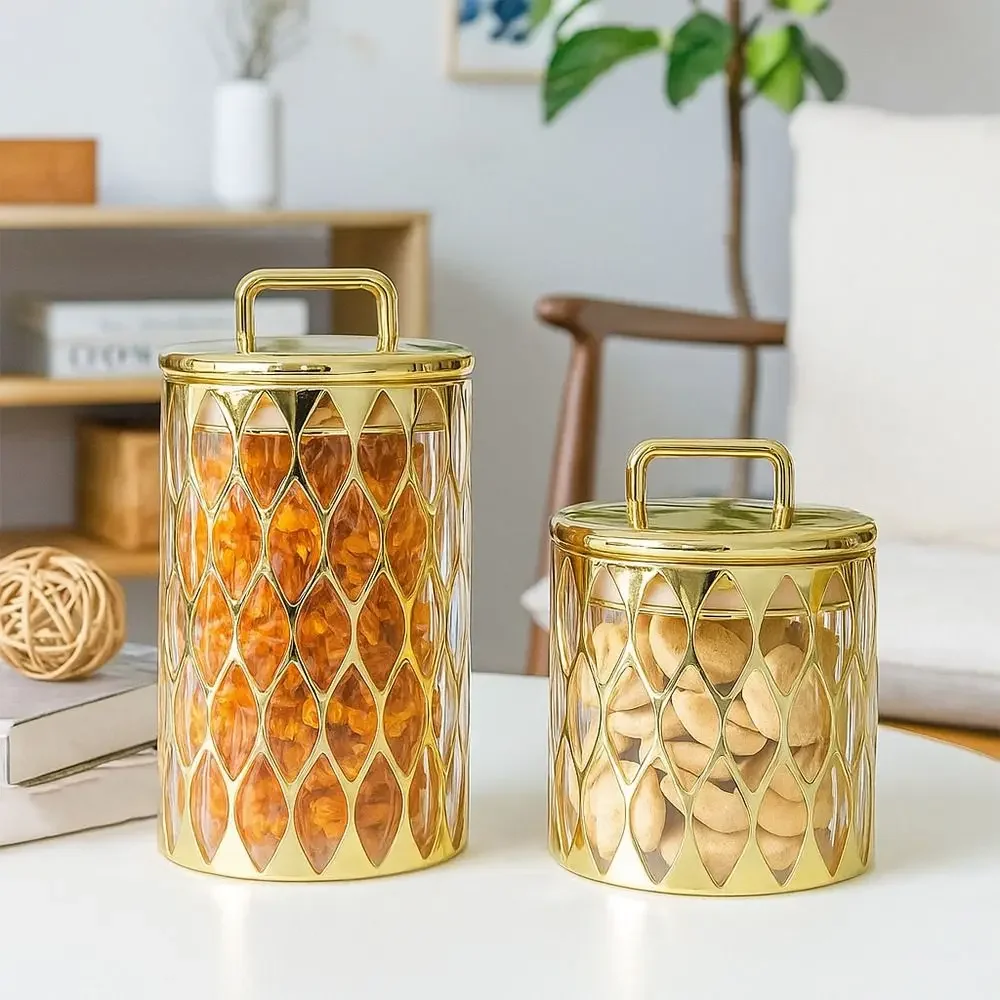 

Decorative Jar Gold-plated Food Storage Jar with Lid Transparent Sealed Jar Acrylic Moisture-proof Storage Box Kitchen Storage