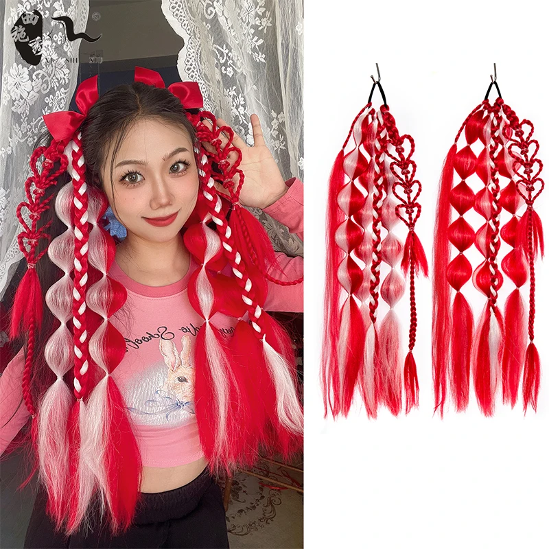 Red Long Bubble Ponytail Extensions Twist Braid Hair Extensions Synthetic Lantern Handmade Braid Hair Piece For Women And Girls