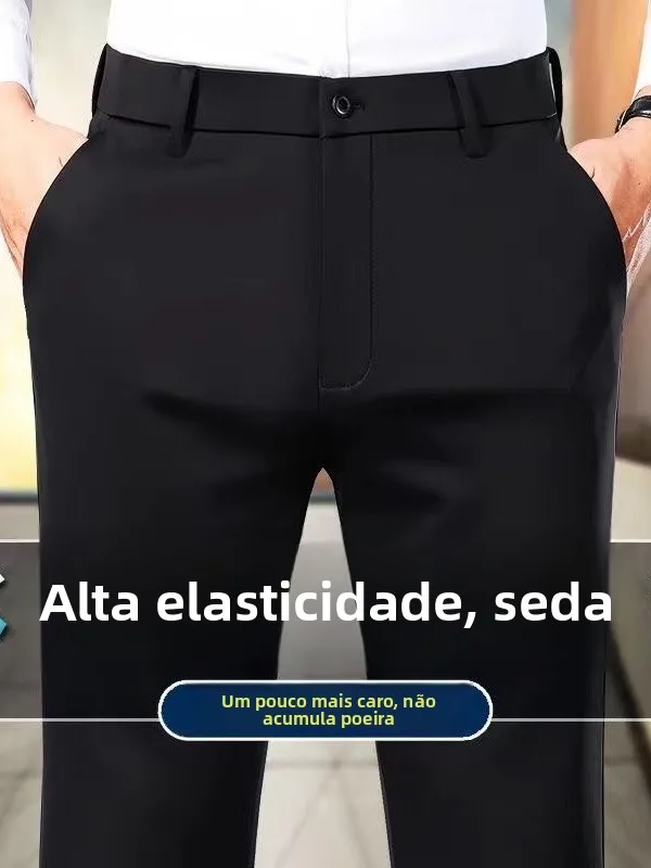 Calças de Negócios Masculinas Casuais de Verão em Seda Gelada, Leves, Elásticas, Antirrugas, de Perna Reta, Formais para Home...