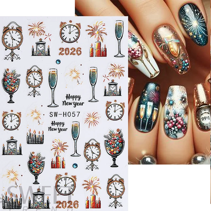 1 pz Cartoon Natale Nail Art Stickers Albero di Natale autoadesivo Fuochi d'artificio di Capodanno Decalcomania per unghie Decorazione per manicure