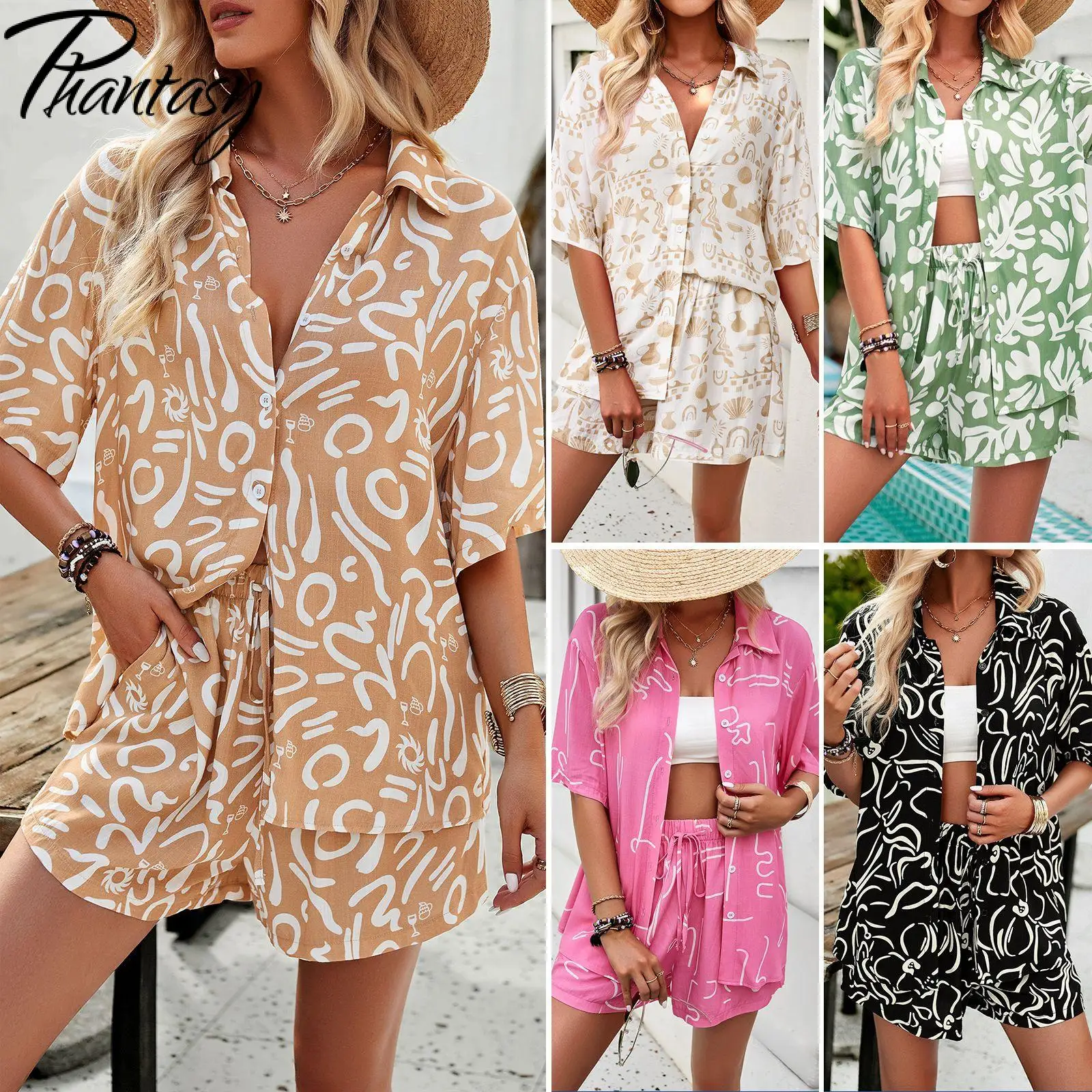 

Phantasy Fashion Casual Shorts Suit for Women Travel Party Printing Vintage Short Sleeve Tops Set Female Summer Loose Clothes