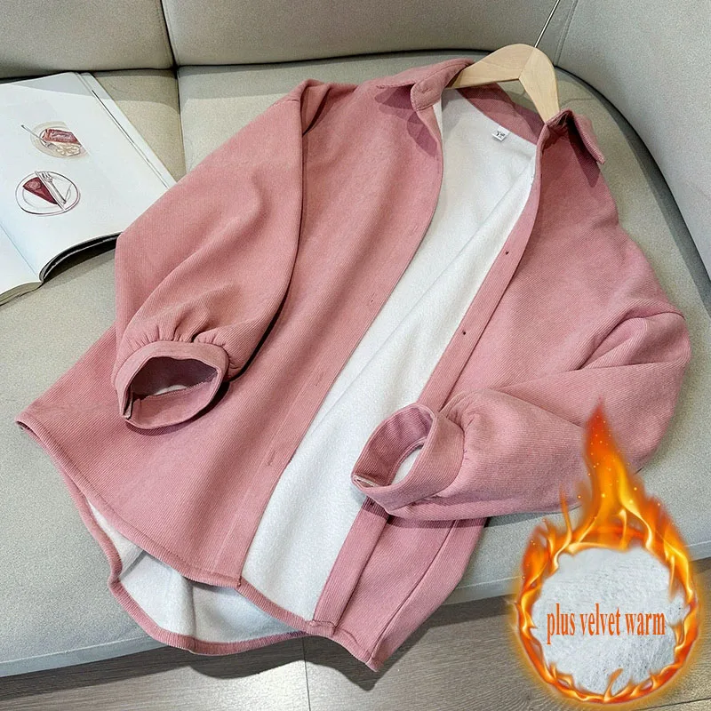 Autumn Winter Fleece Thickend Corduroy Shirts Female Vintage Loose Warm Cardigan Shirt Outwear Versatile Single-breasted Blouses