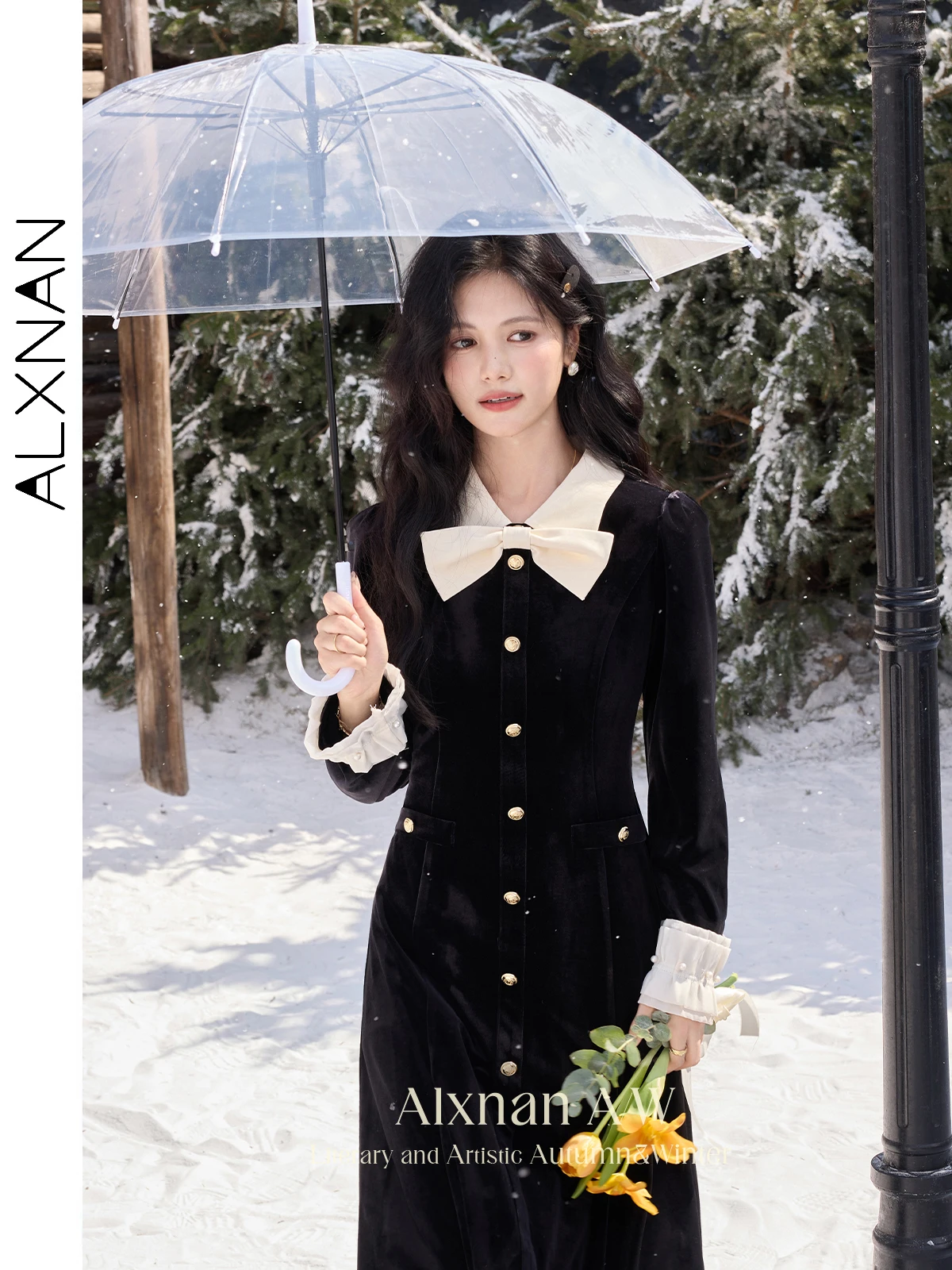 

ALXNAN Women Winter Velvet Dresses V-neck Patchwork Petal Cuff Single Breasted Midi Dress 2024 Temperament Clothes Female L52357