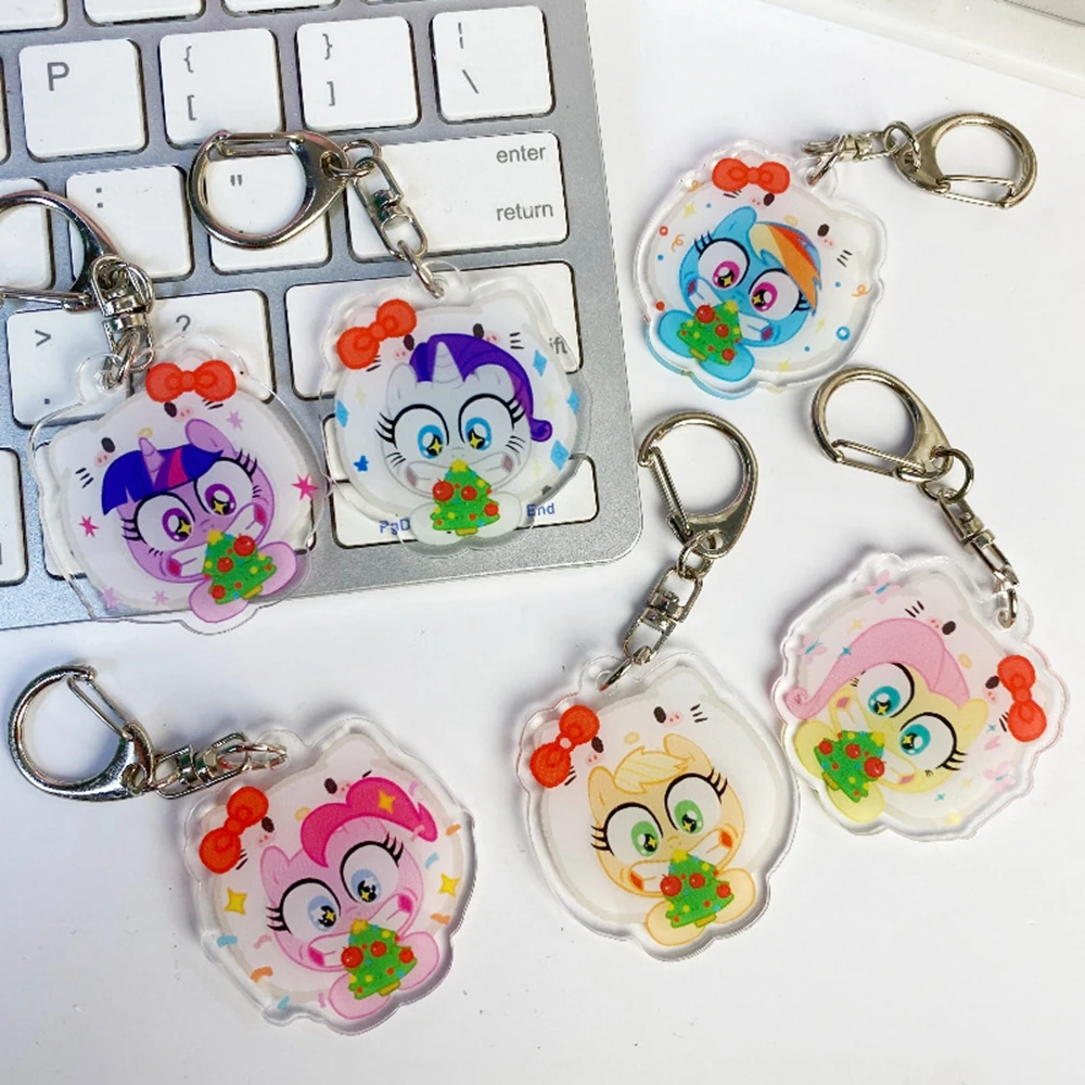 Cartoon My Little Pony Keychain Kawaii Acrylic Fluttershy Twilight Sparkle Rainbow Dash Pendant Bell Anime Backpack Pendant Gift