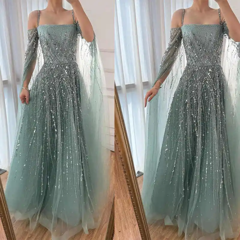

Shiny Sequins A Line Prom Gowns Spaghetti Straps Floor Length Evening Dresses Beaded Formal Party Customized