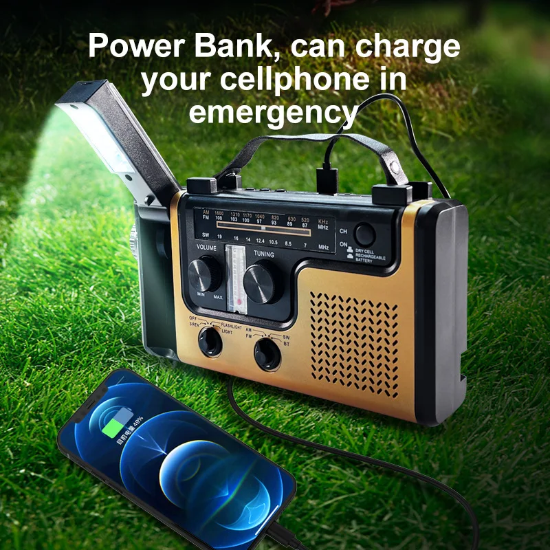 

Multi Functional Emergency Radio AM FM SW1 SW2 Bands Rechargeable Hand Crank Solar Powered Bluetooth Radios with Flashlight