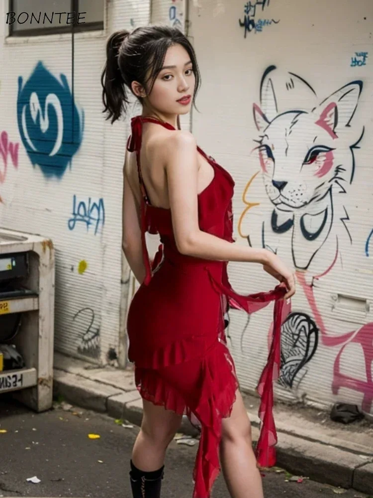 Rot Sexy Bodycon Kleid für Frauen Rüschen Design Ästhetische Würzige Mädchen Halter-Backless Vestidos Party Temperament Koreanische Mode Mujer