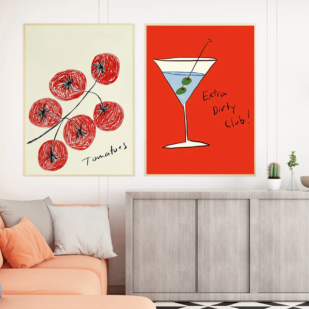 Modern Food Tomatoes Flower Rose Poster Canvas Print Painting Cocktail Tea Friends Bring Wine Wall Picture Art Living Room Decor