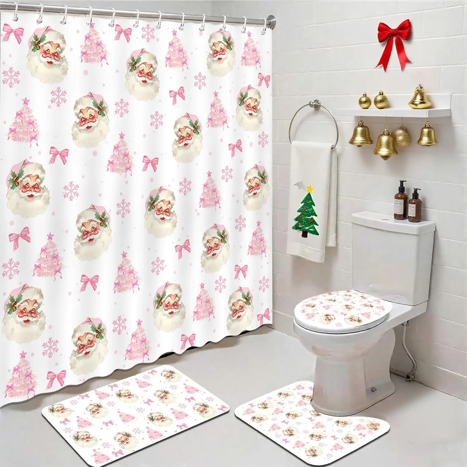 

Pink Santa Claus Shower Curtain Set Christmas Tree Bow Snowflake Shower Curtain Set for Christmas Bathroom Decor Accessory with
