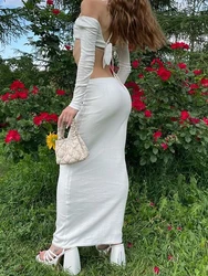 Ladies Knitted Leisure Suit Summer Autumn Women Solid Color U-Neck Long Sleeve Midriff-Baring Tops + High Waist Long Half Skirt