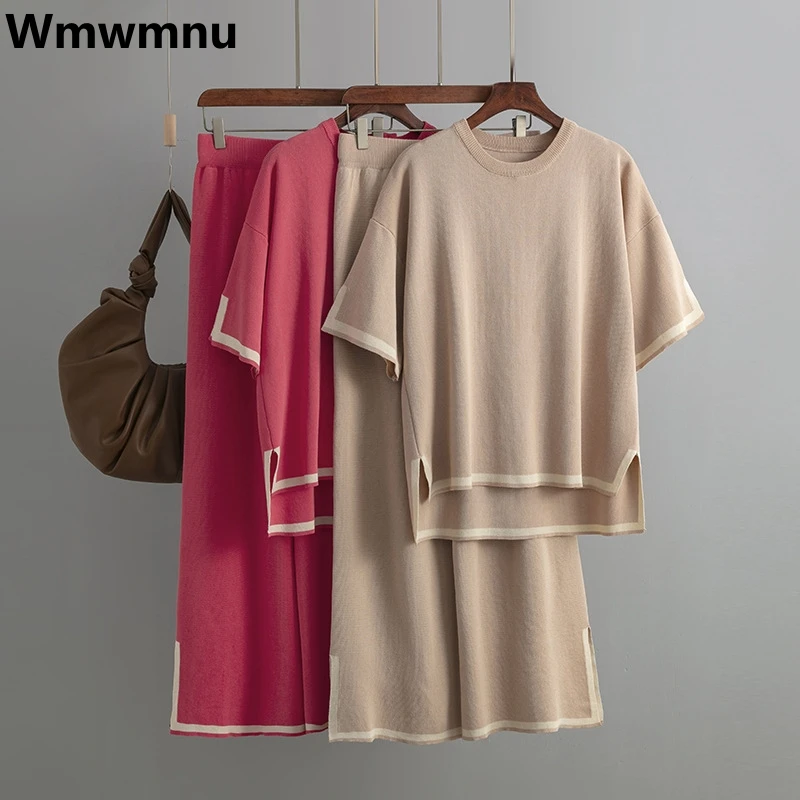 Loose Elegant Thin Pants 2 Piece Set Contrast Color Split Knitted Tops Outfits Korean Summer Women Wide Leg Pantalones Conjuntos