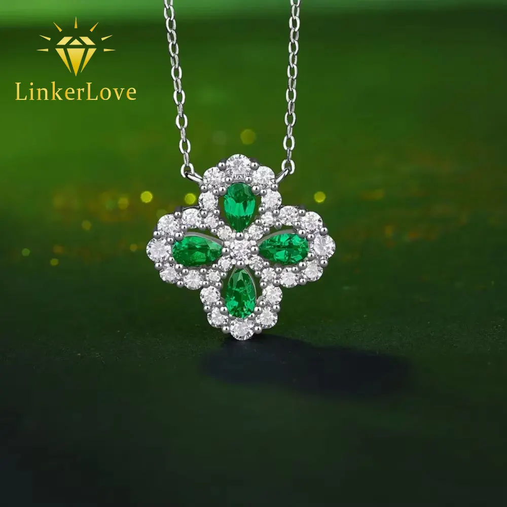 

LinkerLove Green Emerald Four Leaf Clover Pendant Necklace for Women S925 Sterling Silver Good Luck Charm Dainty Floral Jewelry