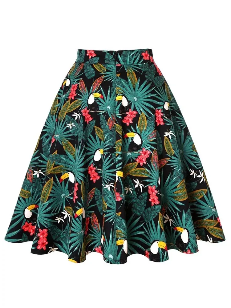 Harajuku Vintage 60s Woodpecker Print  A Line Skirts 2024 New Holiday Tropical Pin Up Swing Skater Knee Length Women Print Skirt