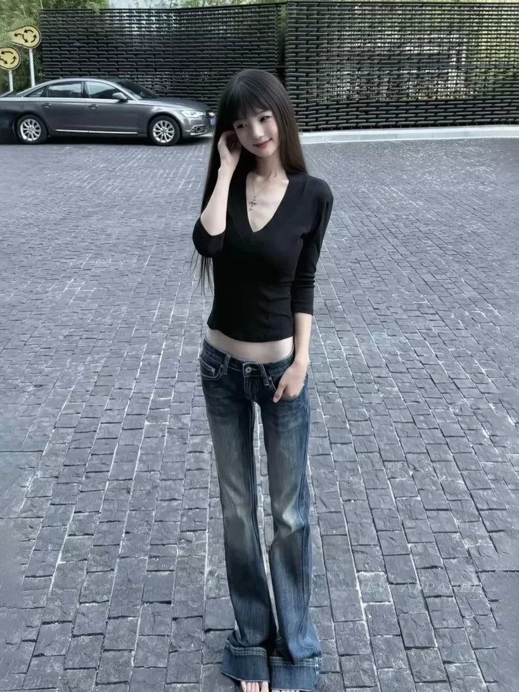 

Джинсы-клеш с низкой талией из эластичного денима, ретро-стиль, утягивающие, с высокой посадкой, сексуальные, американские, из хлопка со стрейчем