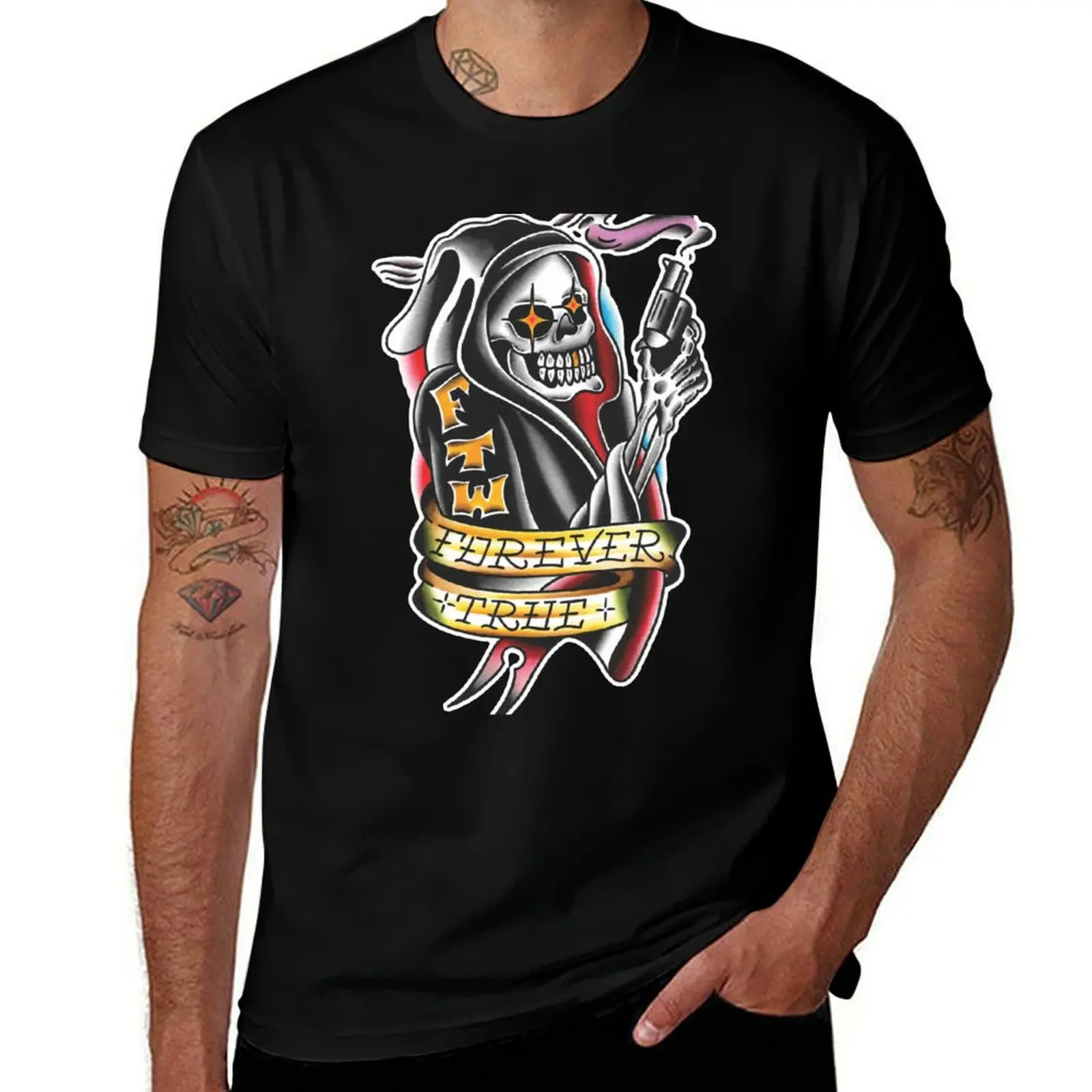 

Traditional Grim Reaper Tattoo Design T-Shirt cotton tshirt 100% t shirts designer T-Shirt